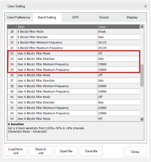 As seen in this image, User K Block1 Settings are found from lines 32-35, under the Band Settings Tab.