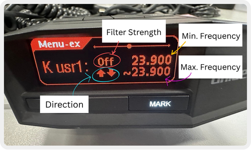 This image shows the different settings options for the custom K Block, as seen in the device's menu.
