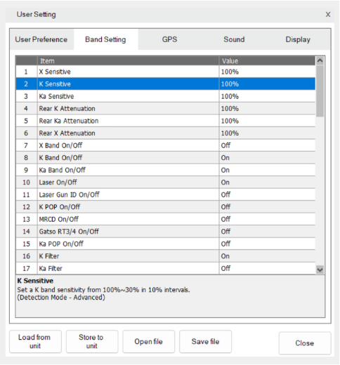 Found under Band Settings once Advanced Detection Mode is enabled, K Sensitivity allows you to adjust the radar detector's sensitivity to K band signals across the spectrum.