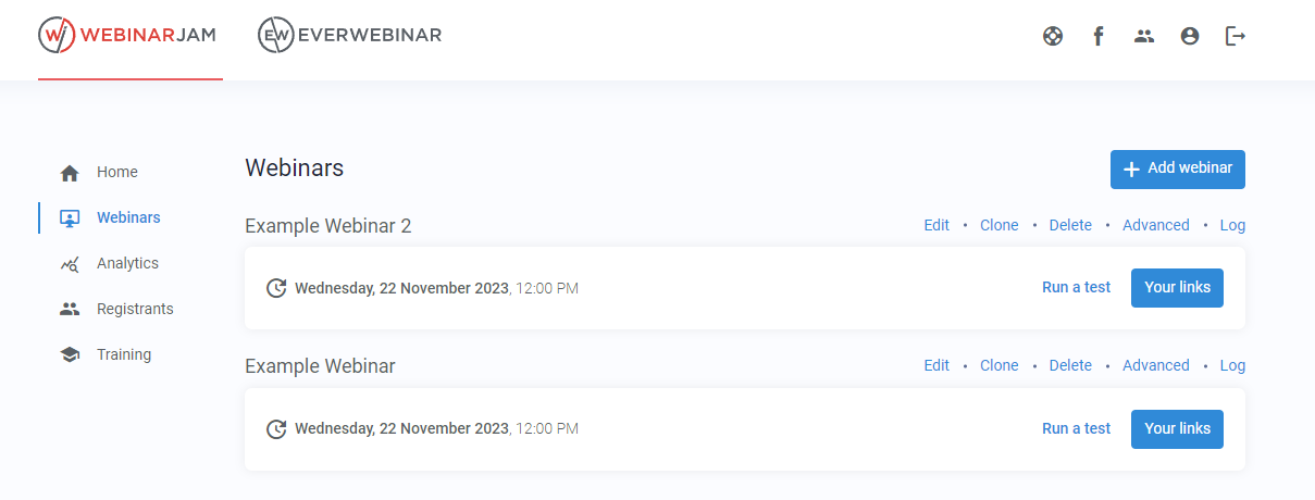 WebinarJam dashboard view