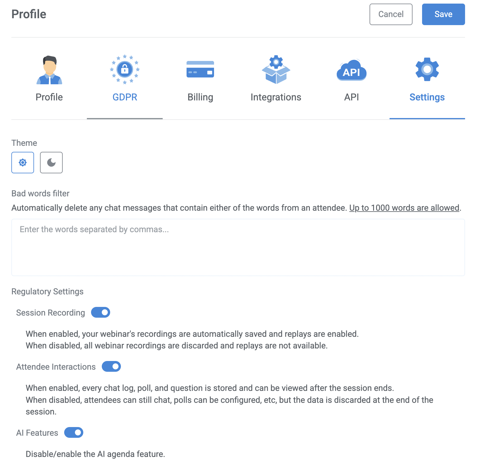 General settings under Profile section