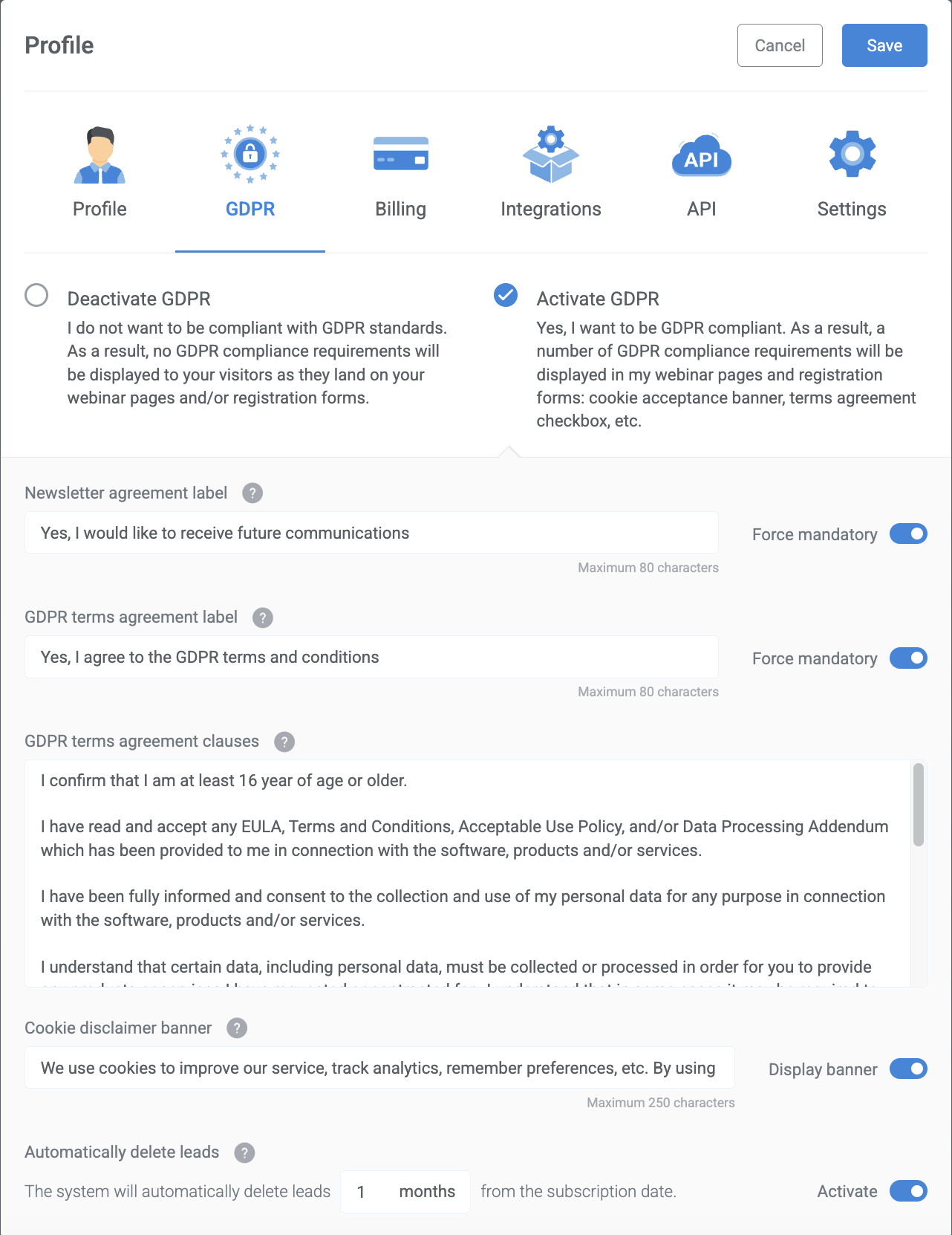 GDPR settings for WebinarJam and EverWebinar