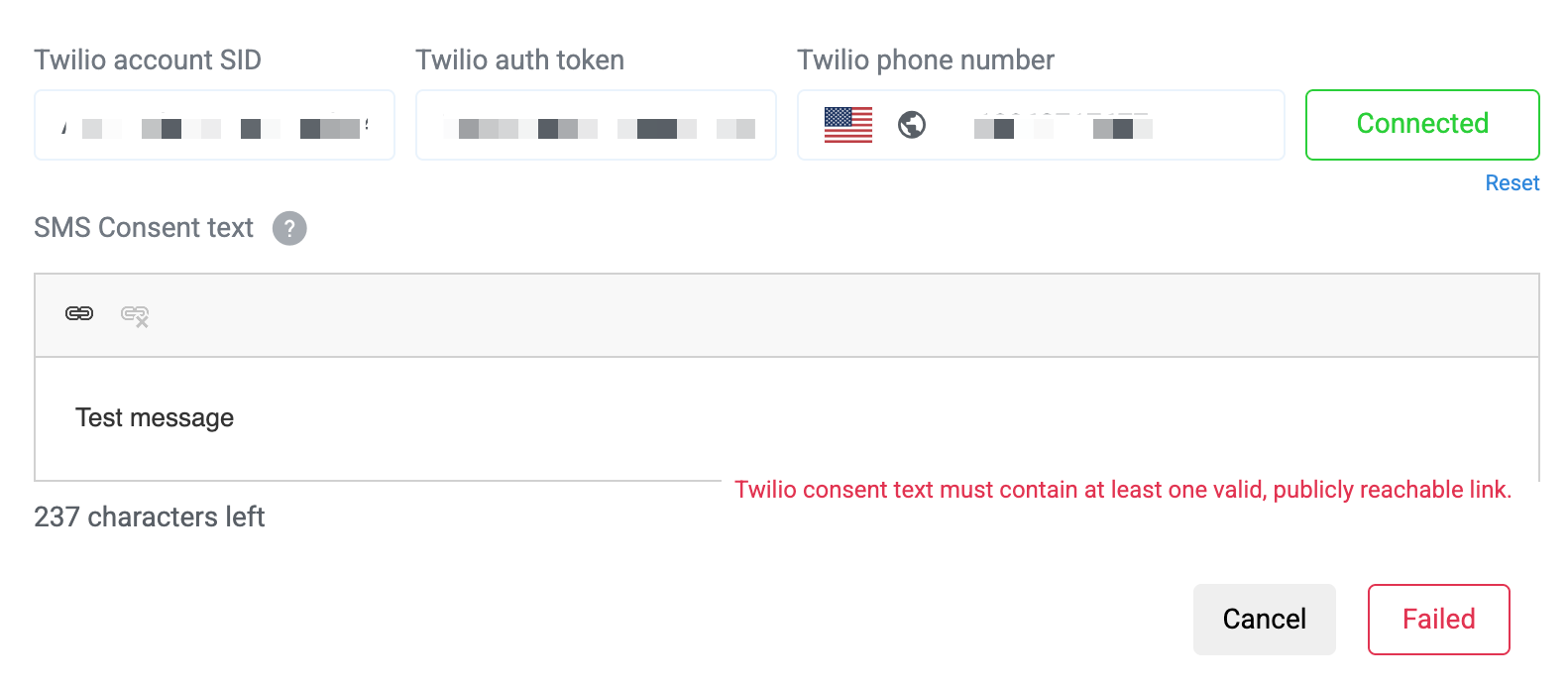 Twilio error without a valid Privacy Policy link