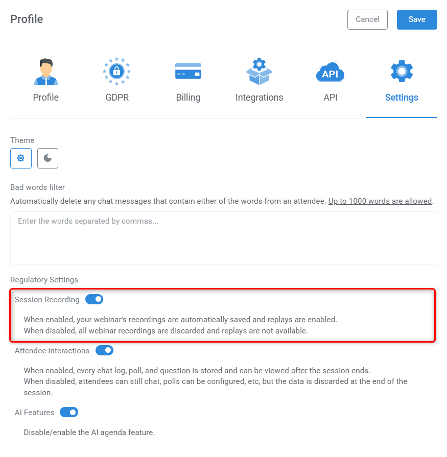 Session recording setting in WebinarJam profile