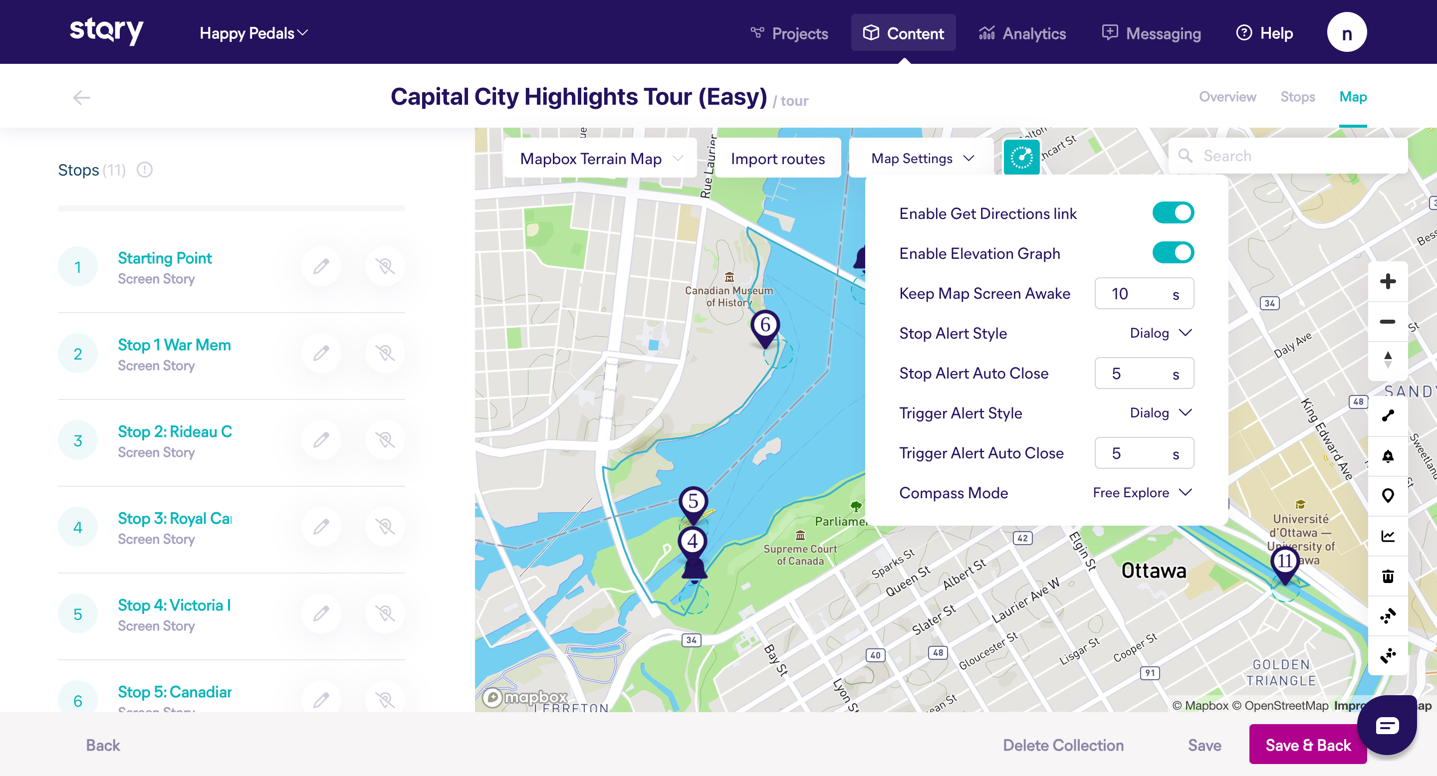 Screenshot of a tour map showing the map settings