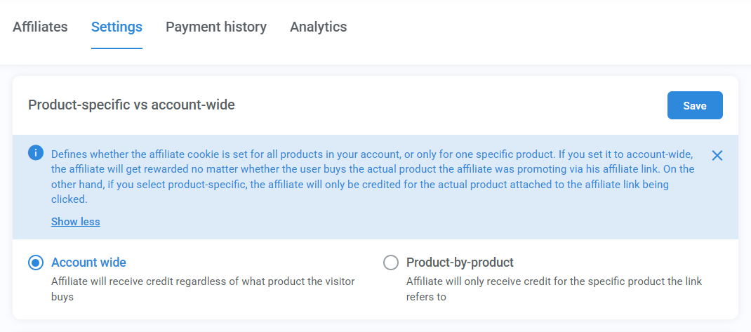 Affiliate settings showing account-wide vs product-by-product options