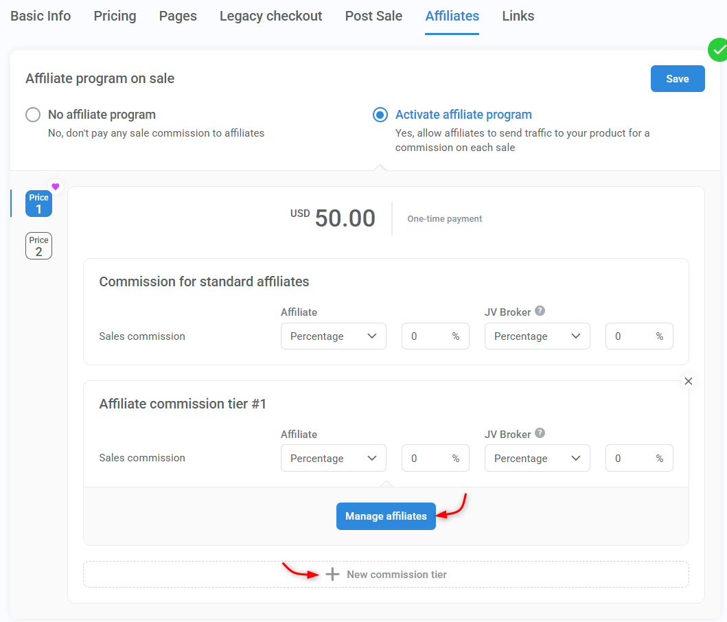 Product affiliate tab with commission tiers and affiliate assignment