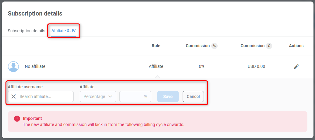 Subscription details example showing Affiliate & JV tab