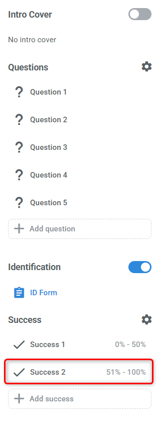Side menu in the survey builder highlighting success slides