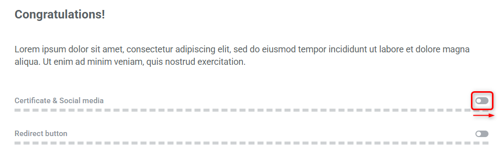 Success message highlighting toggle to enable certificate