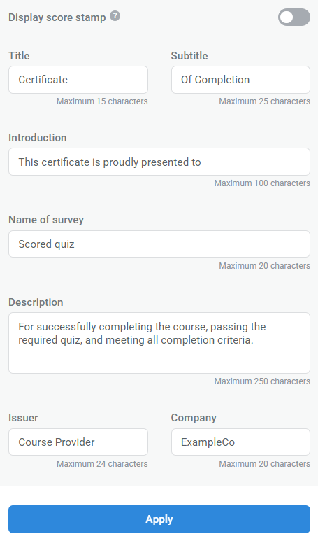 Certificate details settings