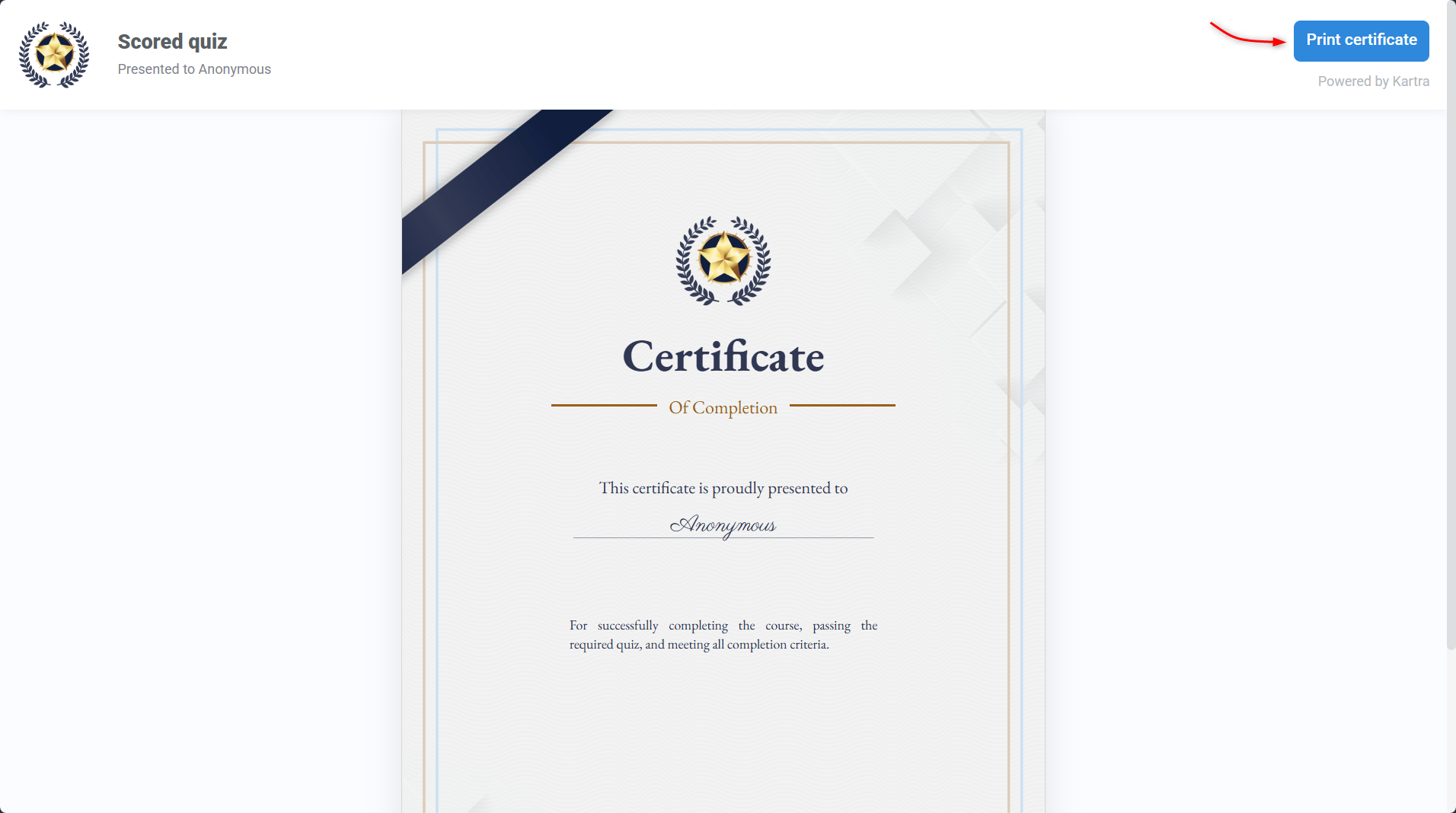 Certificate preview highlighting the Print certificate button