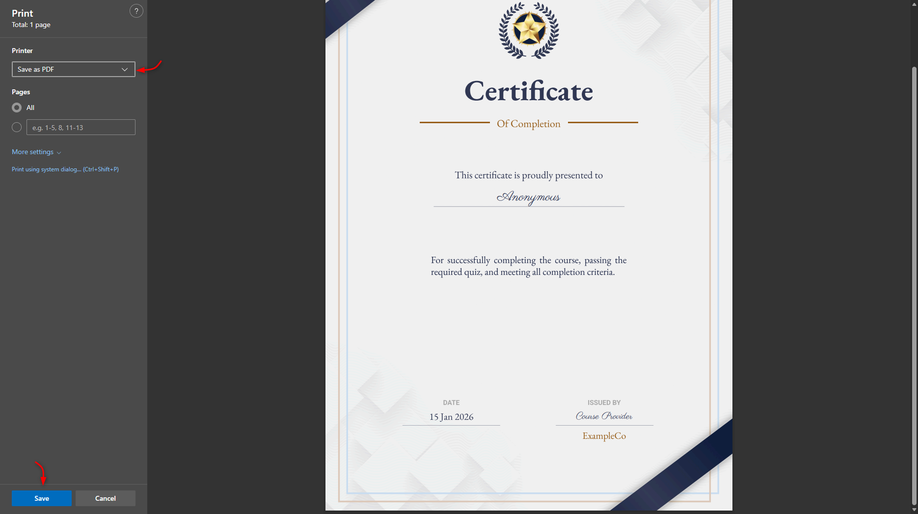 Certificate printing preview highlighting the option to download as PDF