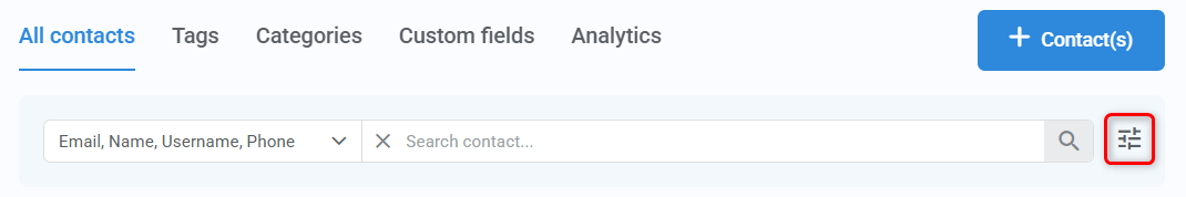 Contacts search bar highlighting Advanced filters option