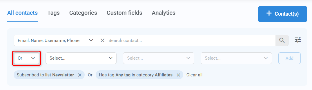 Contacts advanced filtering panel highlighting "and/or" selector dropdown.