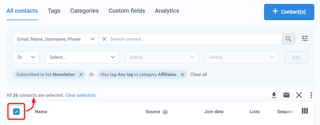 Contacts screen highlighting Select all option