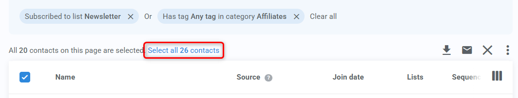 Contacts screen highlighting Select all option