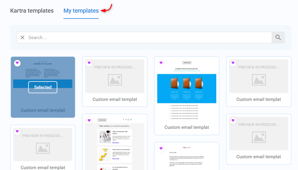 My templates screen in Kartra email quick start