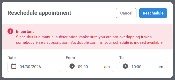Reschedule appointment window in Kartra showing available dates and times before confirming the new booking.