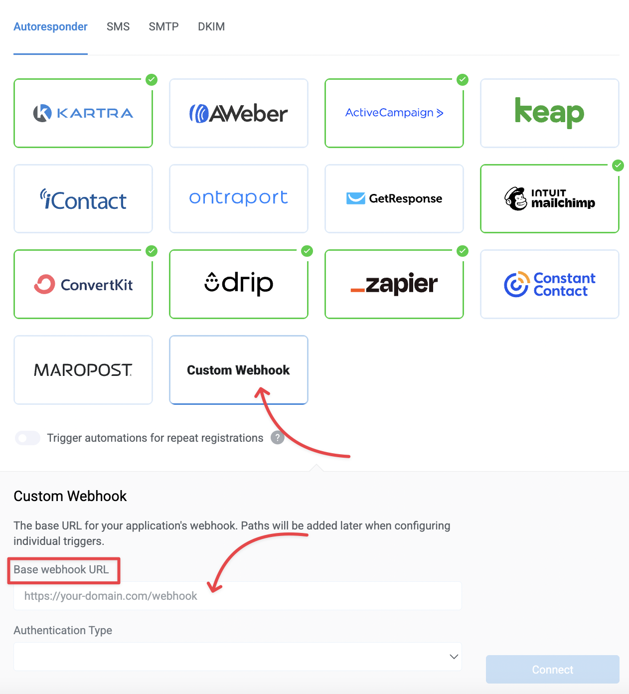 Add a custom webhook under Integrations tab