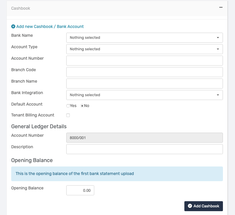 Step Four: Create Cashbook & Insert Opening Balance