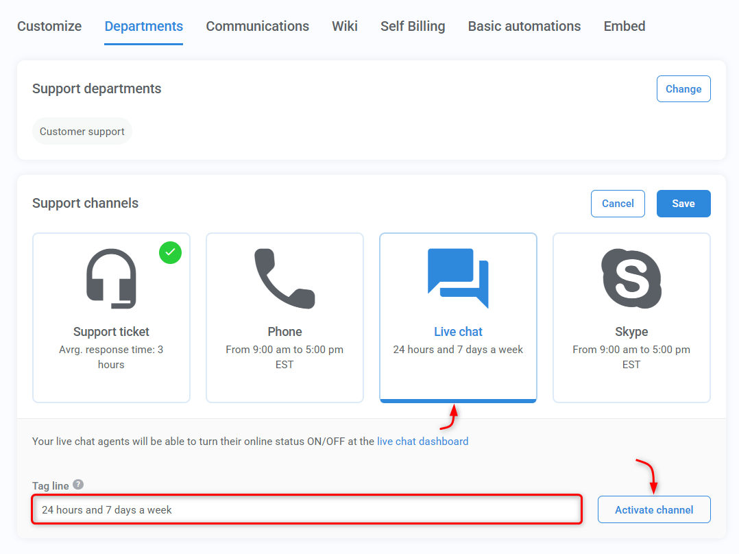 Activating live chat for a helpdesk