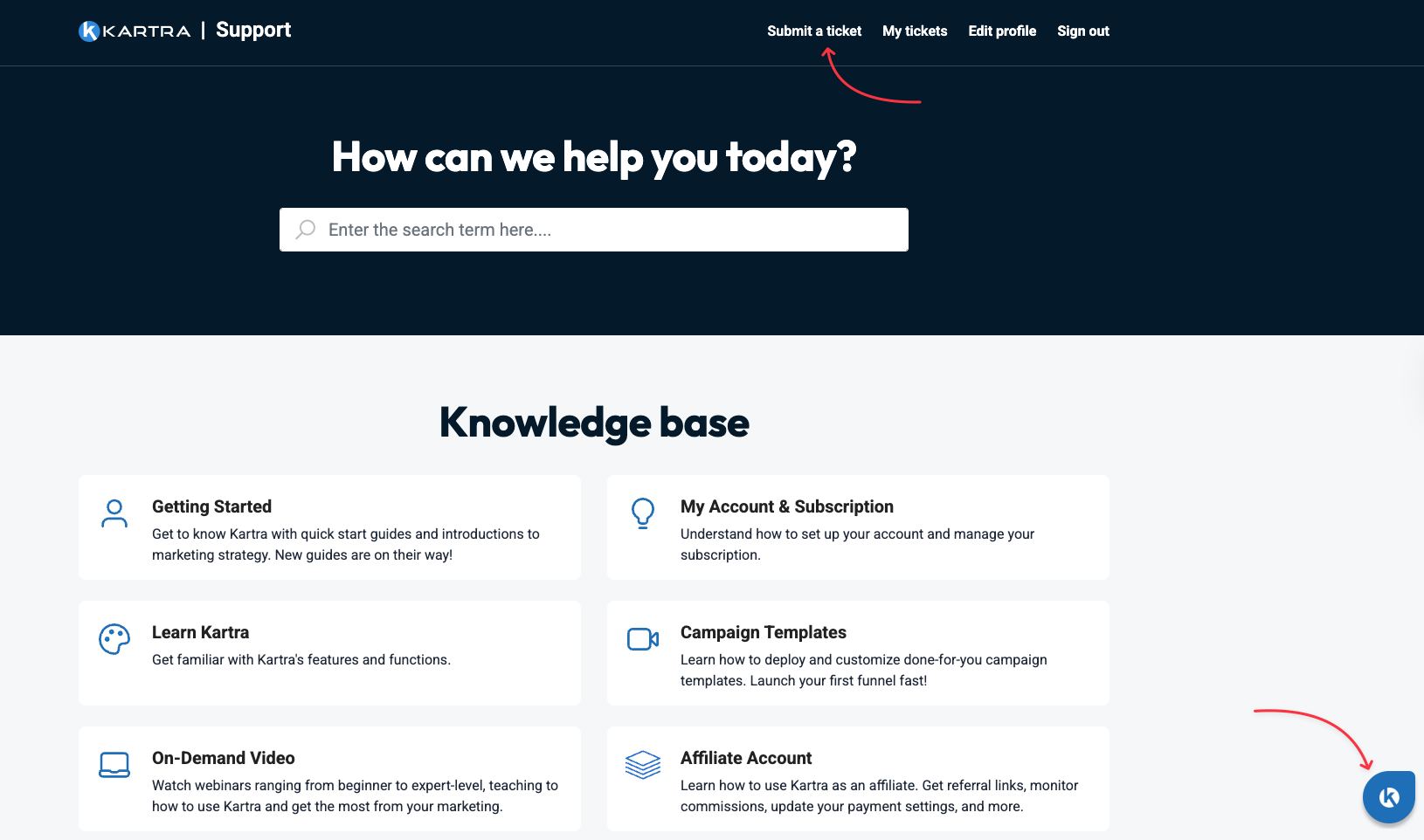 Contact Kartra support from the support center