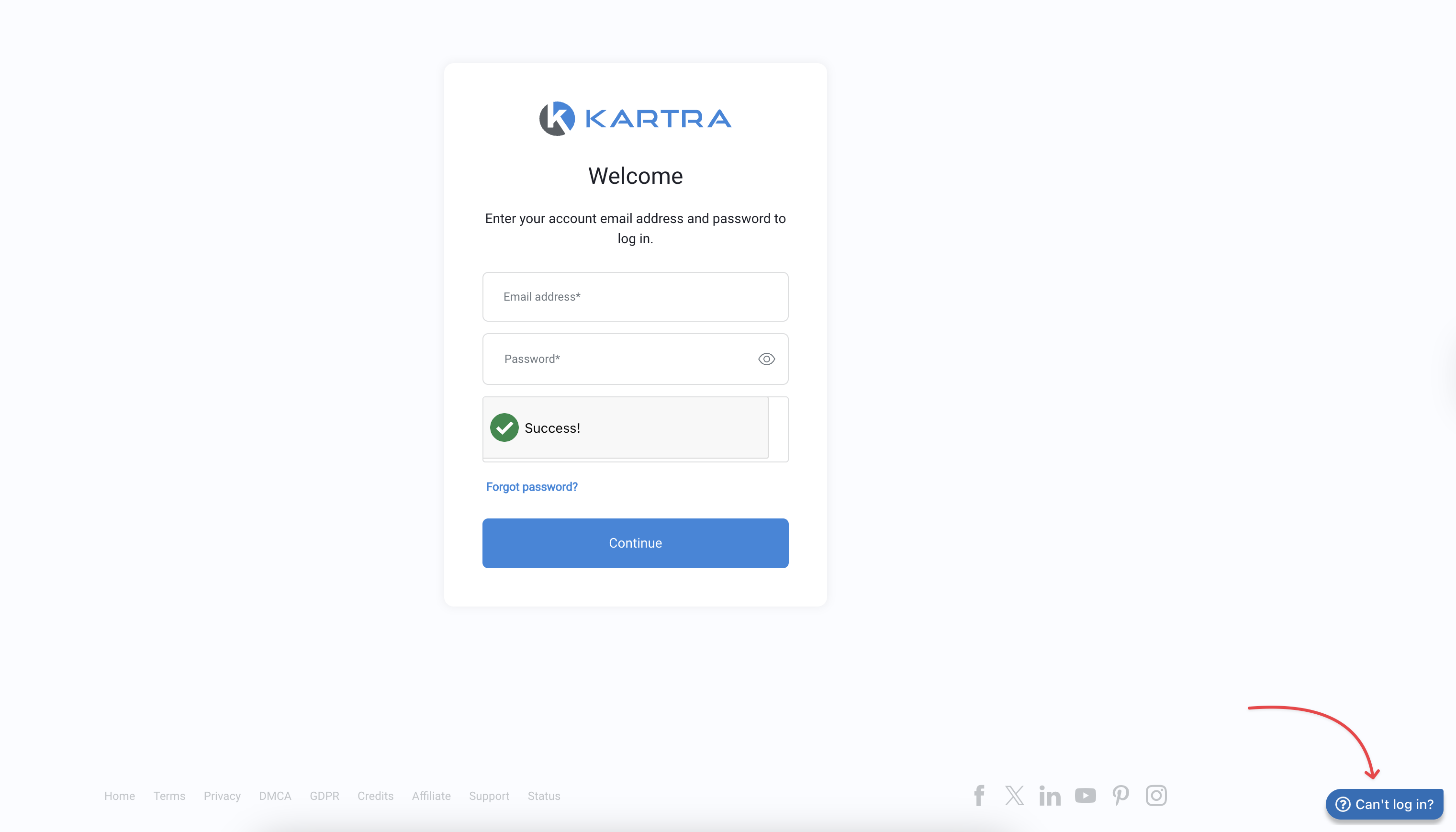Use the Can't log in option to contact support
