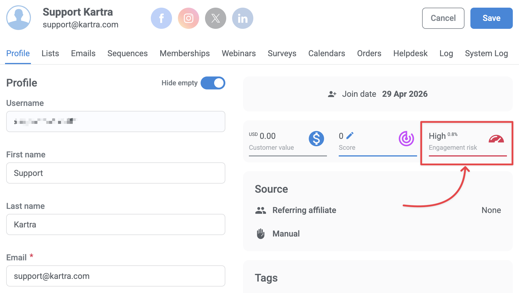 Engagement score in a lead profile