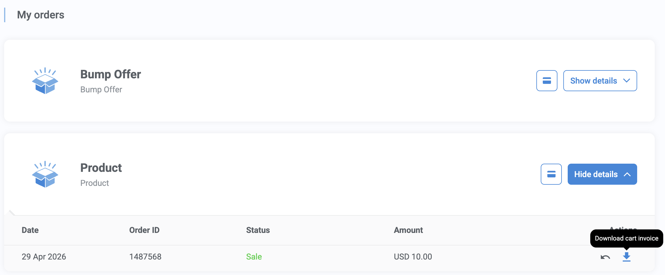 Cart invoice for main and bump products