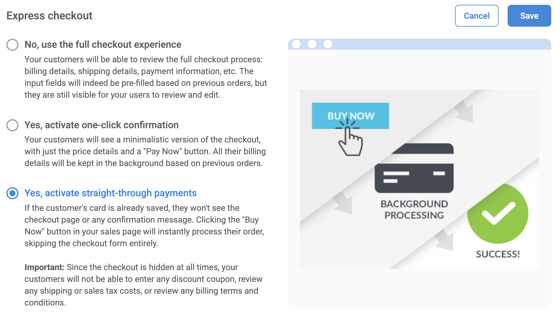 Express checkout module in Checkout configuration, with ‘Yes, activate straight-through payments’ selected.
