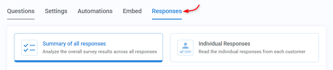 Kartra survey Responses tab showing summary and individual response options