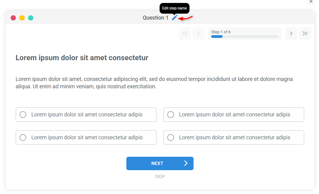 Kartra survey builder showing where to edit step names for individual questions