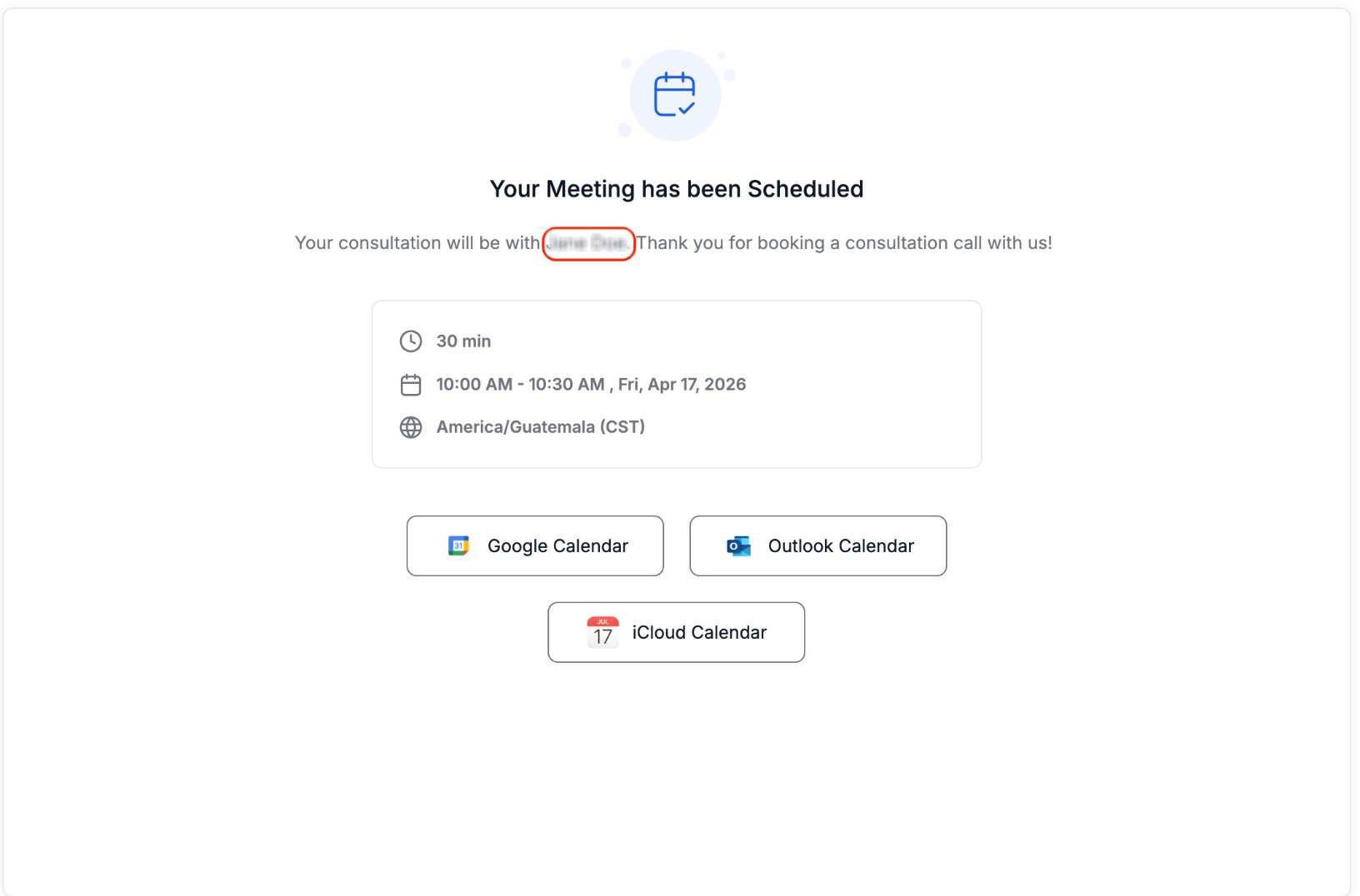 calendar confirmation page