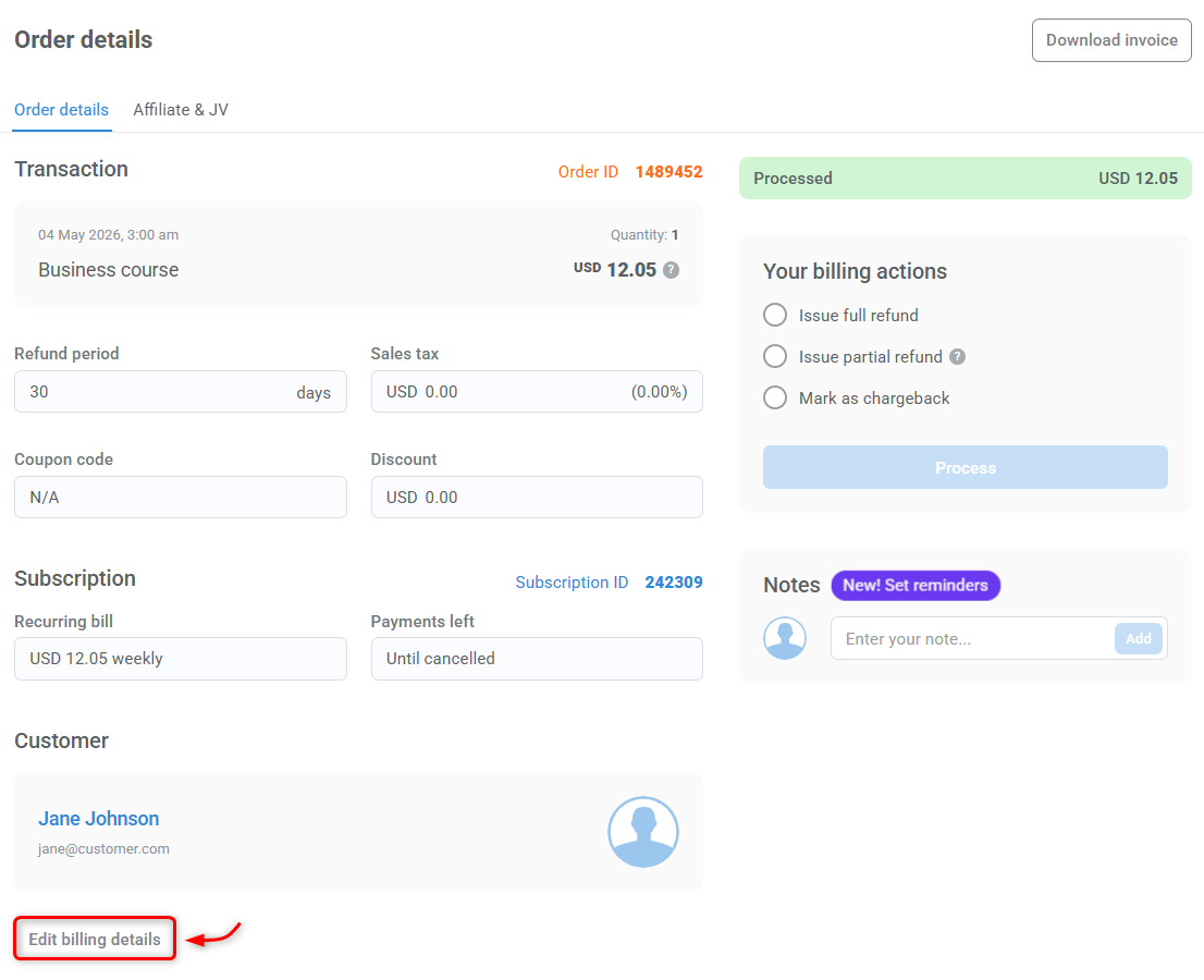 Edit billing option in order details window