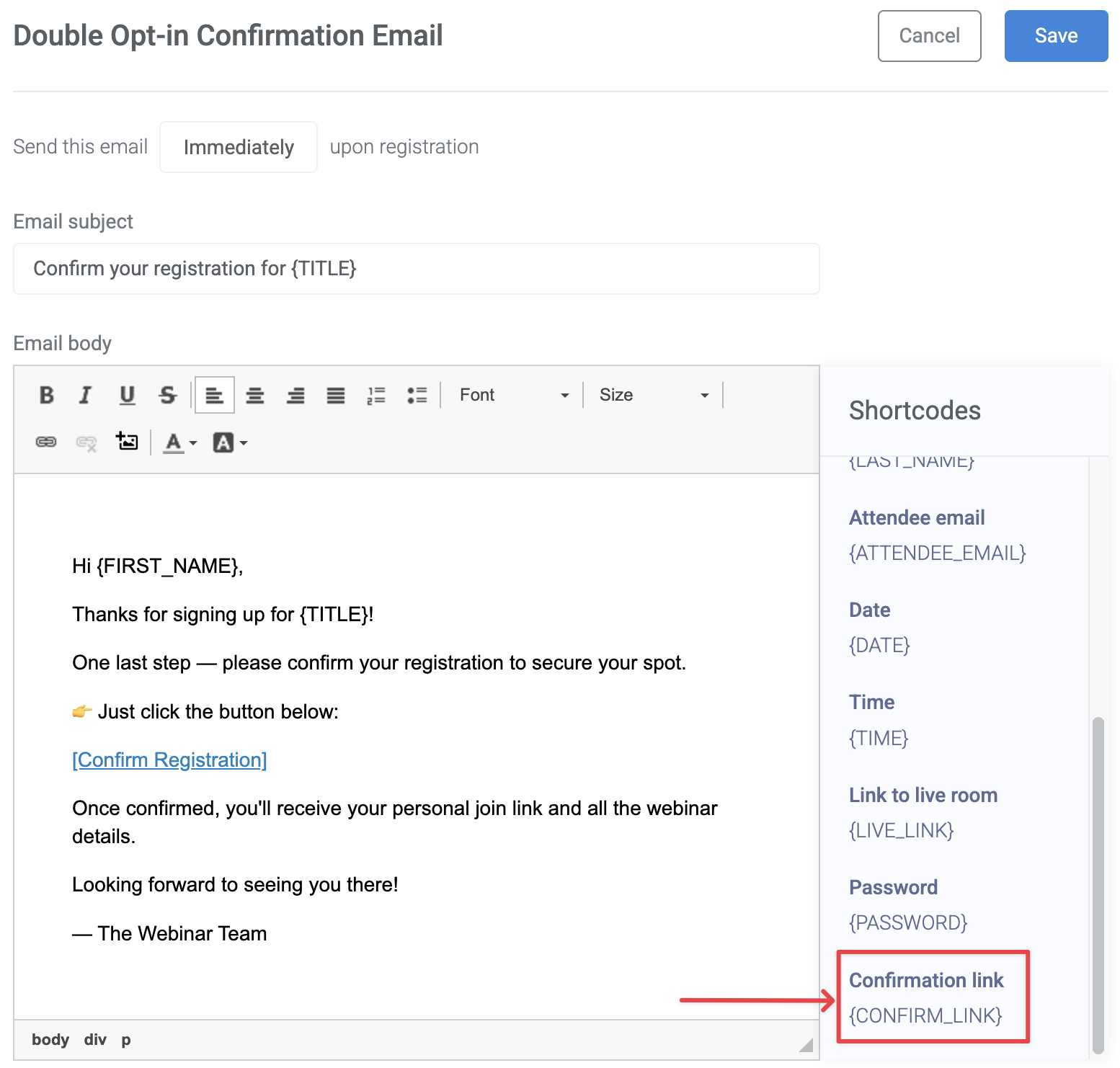 Confirm link shortcode in the notification settings