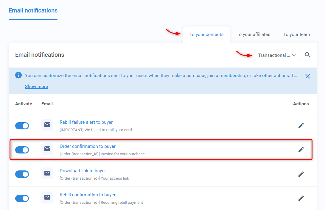 Order confirmation to buyer notification