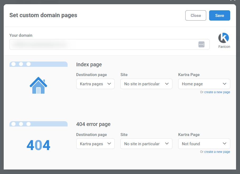 Edit the favicon, index, and 404 page settings for a domain