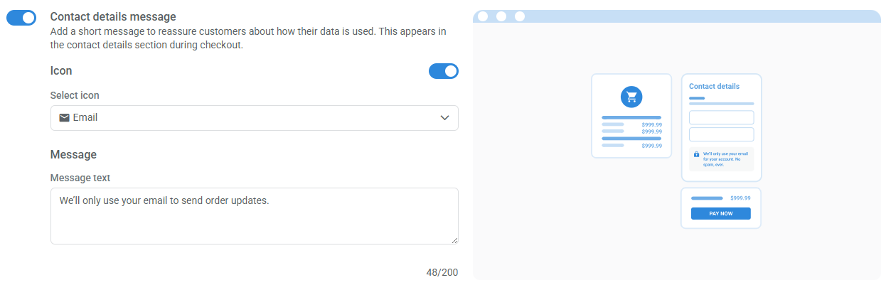 Configuring a contact details custom message in the checkout editor