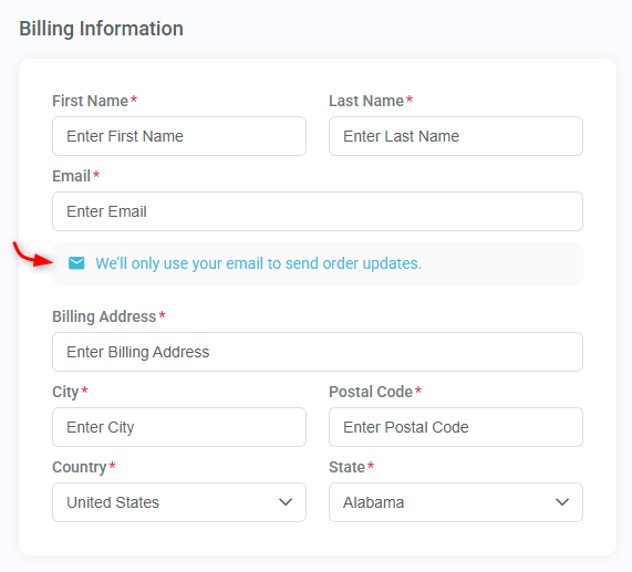 Contact details reassurance message displayed on a live checkout page