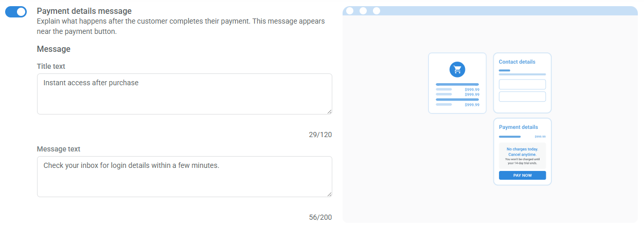 Configuring a payment details message in the checkout editor