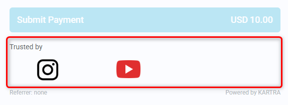 Trusted by gallery with brand logos displayed at the bottom of a live checkout page