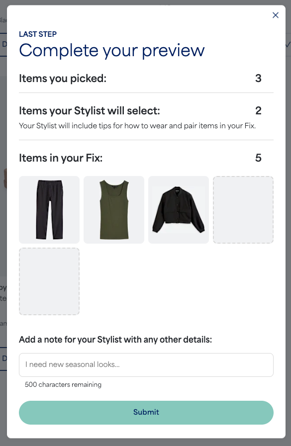 Image of the last step of Fix Preview, showing which items were picked and a mint "Submit" button at the bottom.