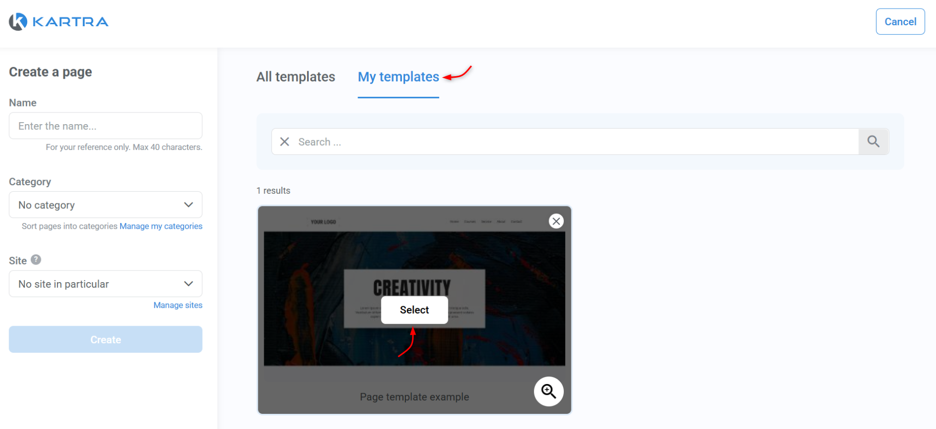 Page template selection screen