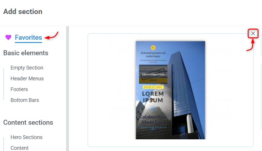 Delete favorite section button