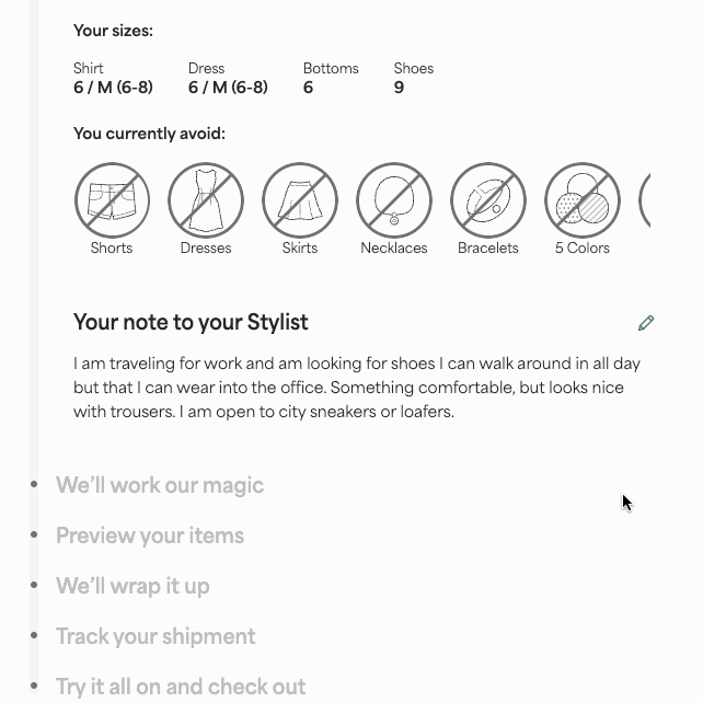 GIF of clicking the pencil icon in the “Your note to your Stylist?” section, adding to the note and selecting “Save note.”