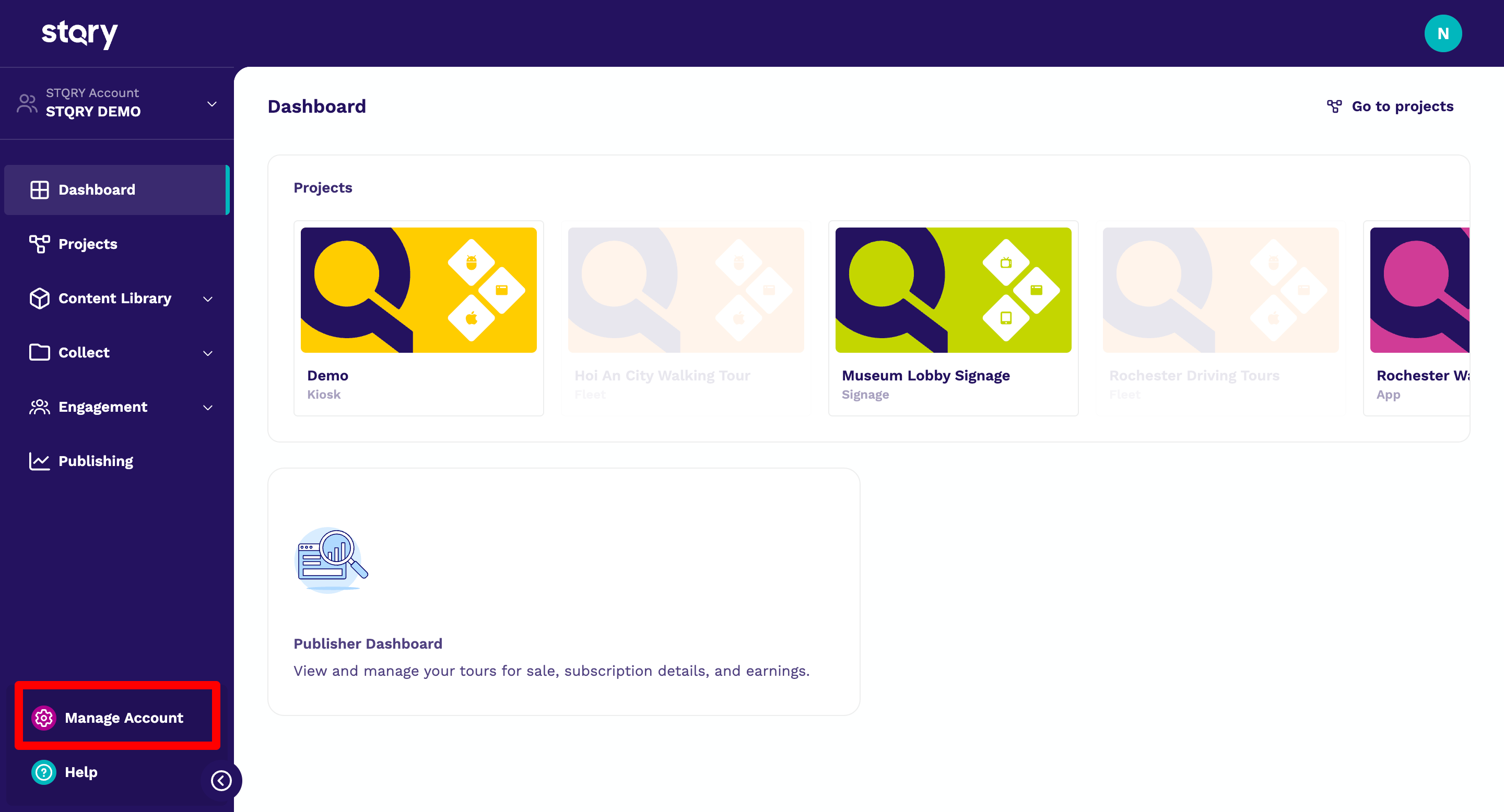 The Manage Account option highlighted in the STQRY Builder sidebar