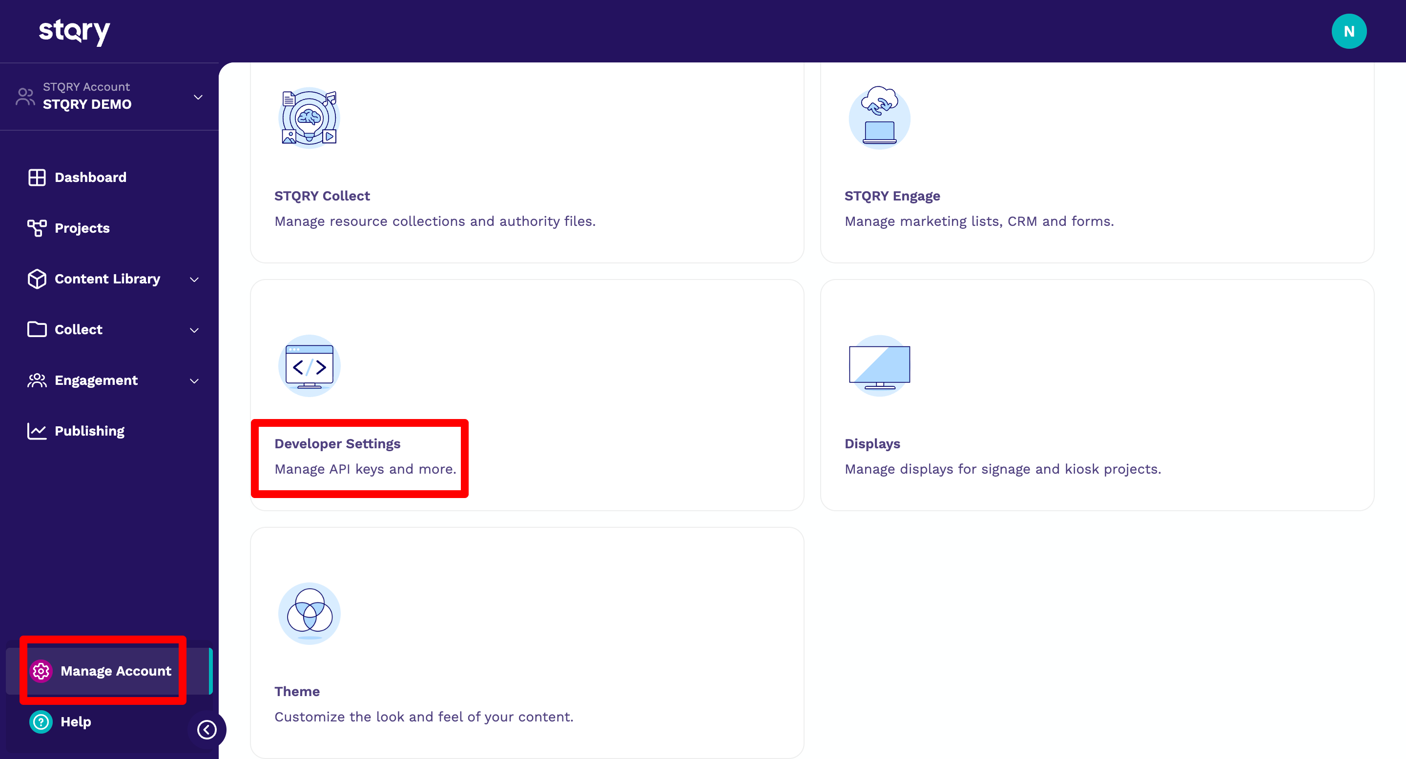 The Developer Settings card inside the Manage Account page.