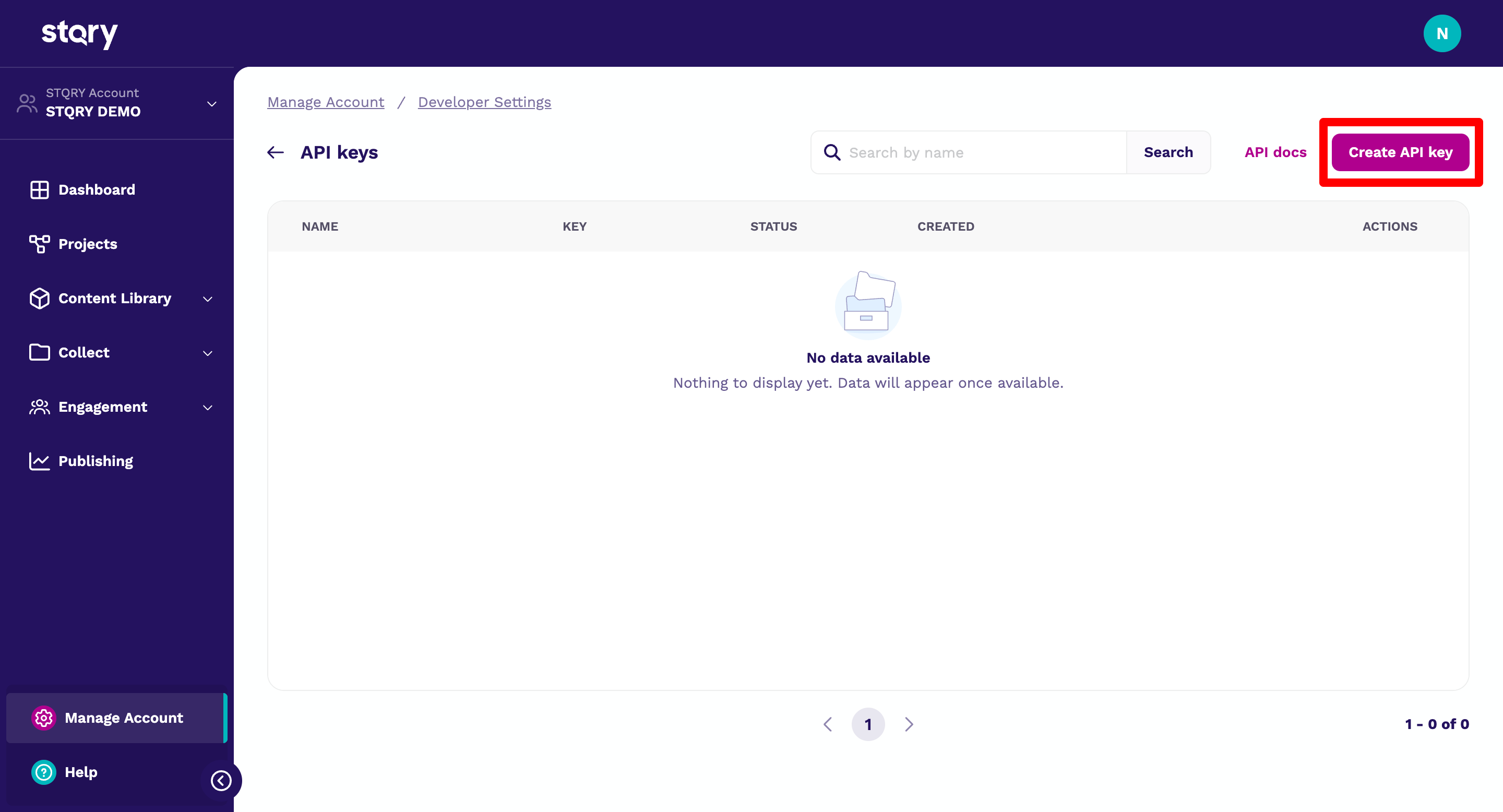 The Create API key button highlighted on the API keys page