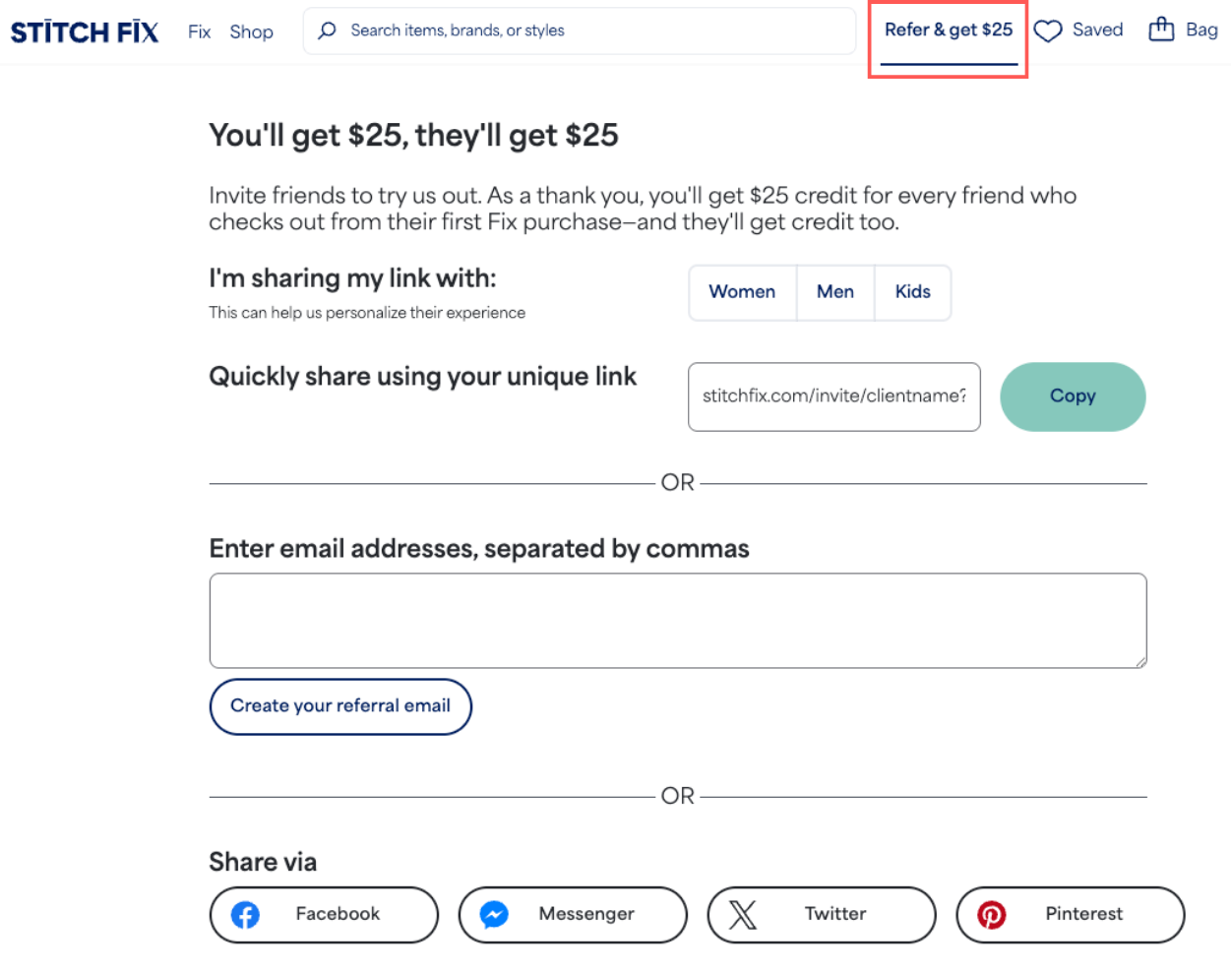 Image of the referral page, providing multiple ways to share a referral link—specifically copying the link, emailing it, or sharing it via social media.
